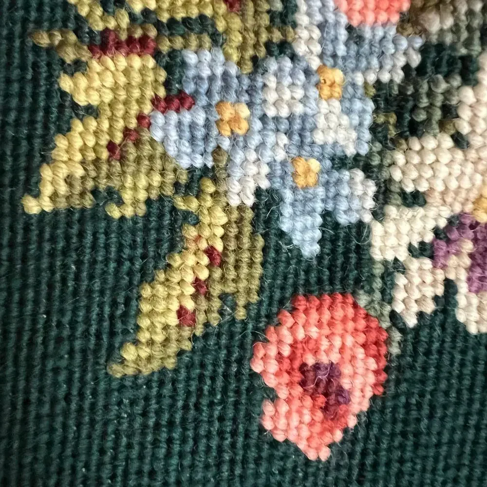 Vintage 60s Emerald Green Floral Needlepoint Panel Art Cottagecore Embroidered